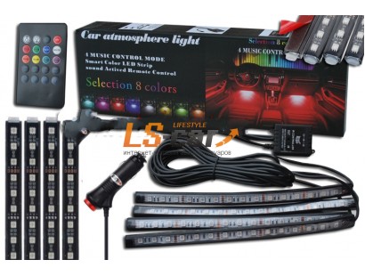 Звукоактивная подсветка салона FWD-02 (AT-15LED-4) 4 светодиодных ленты на самоклейке, 8 цветов, 4 муз. режима, звуковой контроллер управления светодиодами, дист. пульт управления, работа от прикуривателя (комплект)