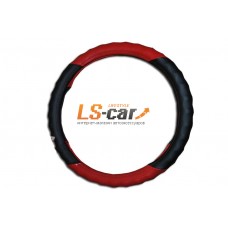Оплетка на рулевое колесо Волна, кожа, черная +  красная , размер М (GD-014)