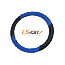 Оплетка на рулевое колесо Волна, кожа, черная +  синяя , размер М (GD-012)