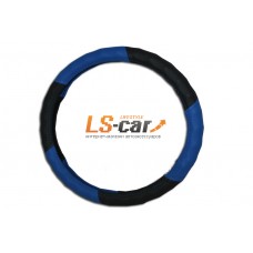 Оплетка на рулевое колесо Волна, полуперфорированная, черная+синяя, размер М/ GD-045